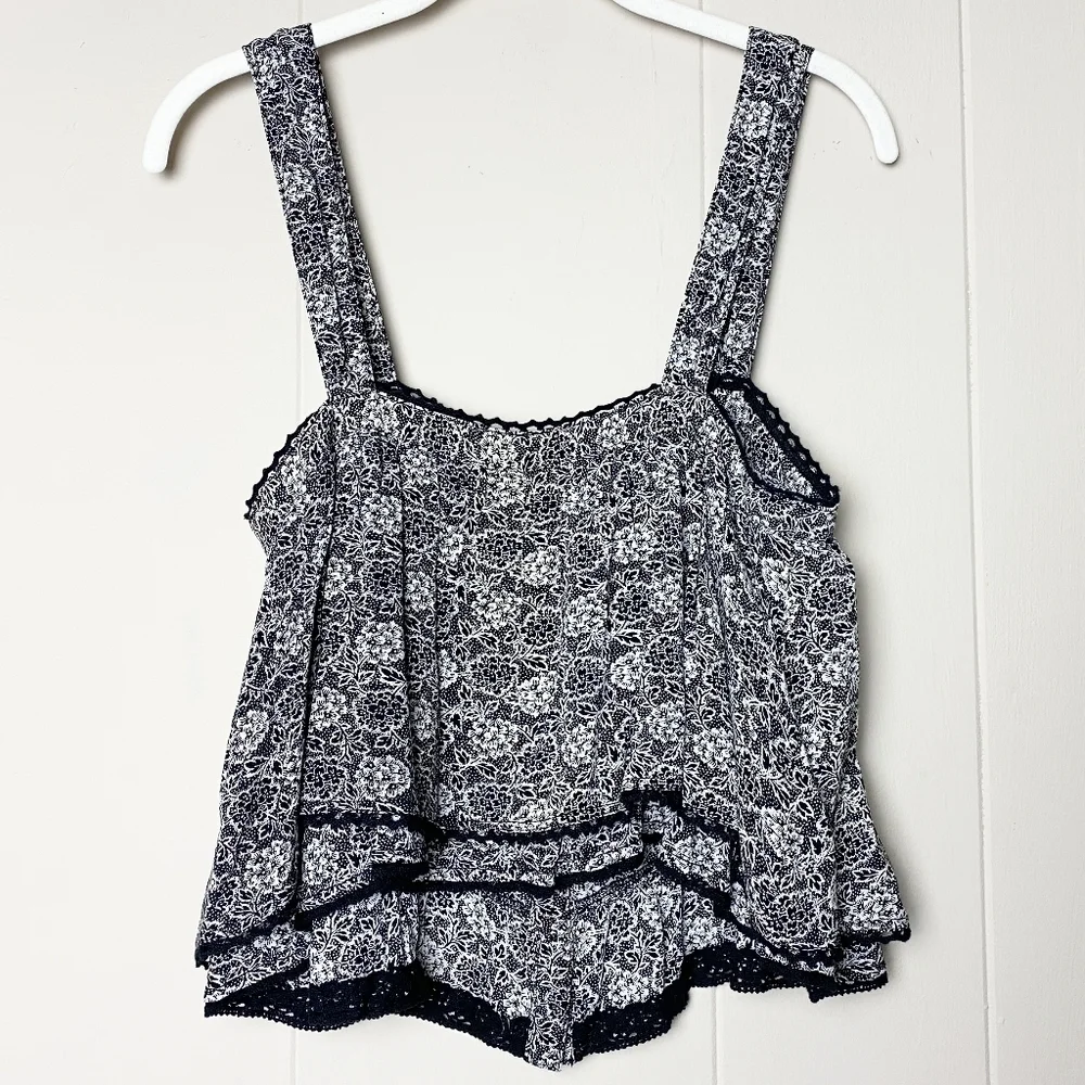 Free People Sweet Caroline Tank Top ruffle black white‎ floral sleeveless boho